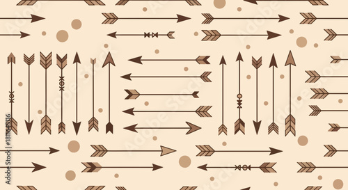 Seamless boho pattern design featuring vintage native american arrows and dots background