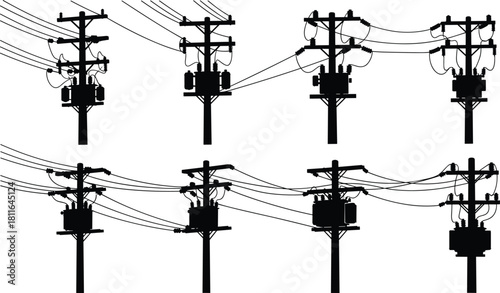 Silhouette vector illustration set of electric utility poles with transformers and power lines connecting different columns isolated on white background for energy distribution design.
