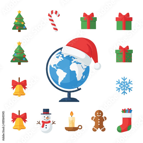 Festive Christmas Icons and Globe with Santa Hat for Holiday Season.