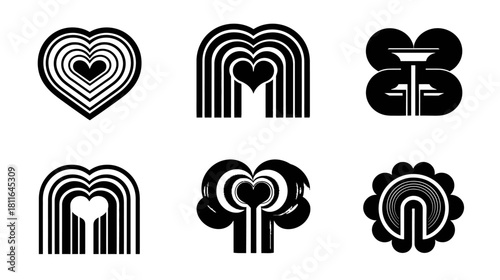 Set of abstract black and white vector icons with geometric and organic shapes, including hearts, arches, and floral elements, in a minimalist style.