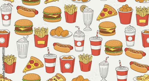 Seamless Pattern of Fast Food Items: Burgers, Fries, Hot Dogs, Pizza and Drinks Delight
