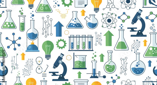 Seamless pattern of scientific laboratory equipment with flask and test tubes background