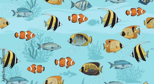 Seamless pattern of tropical fish swimming in blue water an underwater world scene