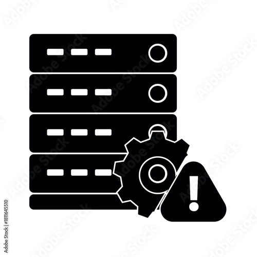 Server Error Icon with Gear and Warning Triangle – System Failure and Maintenance Alert Symbol
