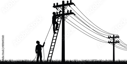 Silhouette vector illustration showing two electricians working on high voltage power lines, climbing ladder, repairing electricity pole, holding cable, maintenance concept