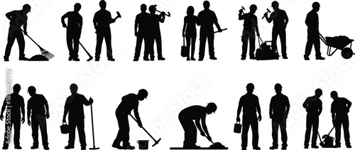 Vector collection of black construction worker silhouettes holding various tools, industrial builders working, digging, sweeping, and carrying heavy loads, set against a white background.