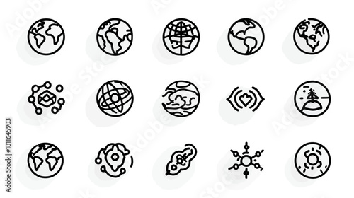 Modern Global Connectivity Outline Icon Set. Earth, Network, Data, Technology, Internet, Communication, Digital World, Vector Graphics.