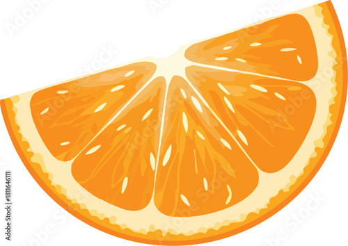 Close-up of a vibrant orange slice with visible segments and pulp against a clean white background.
