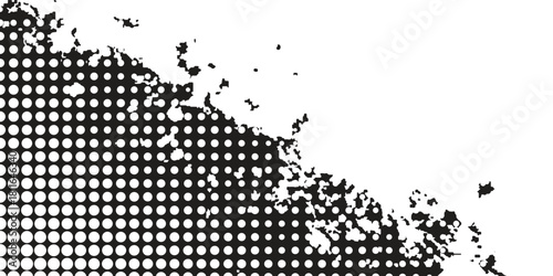 Halftone black and white circles, distressed shapes, edge detail, for graphic design projects, provides a visually interesting textured background or overlay element, enhancing creativity