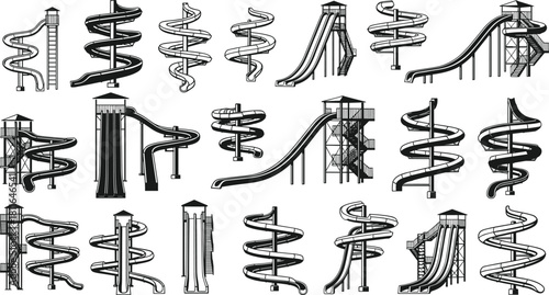Vector collection of water slides, amusement park icons set, summer pool attractions, aqua entertainment design elements, spiral tube fun, isolated illustrations on white background