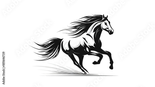 Elegant black and white illustration of a galloping horse with flowing mane and tail, embodying speed, power, and freedom.