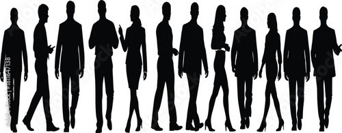 Silhouettes of a confident, diverse group of business professionals walking, standing, and interacting in formal corporate attire, symbolizing teamwork, 