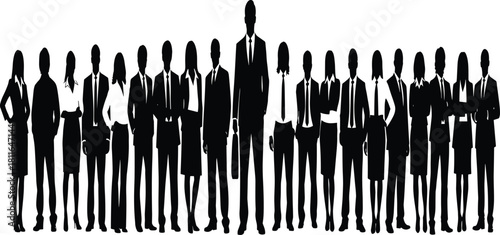 Silhouettes of a large, diverse group of standing business professionals with a tall central leader, symbolizing executive management, corporate power, teamwork, 