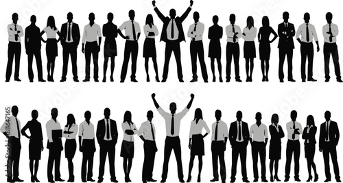 Silhouettes of a large, diverse group of business professionals celebrating success with a triumphant leader, symbolizing corporate victory, teamwork, 