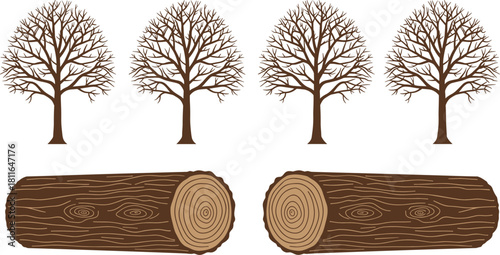 Vector illustration set of four standing bare leafless trees, and two cut wooden timber logs lying on the ground, isolated on white background for design.