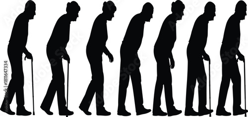Silhouettes of multiple elderly men and women with walking canes, illustrating aging, mobility challenges, retirement, senior healthcare, old age, support, and the concept of life longevity.