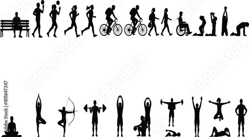 Silhouettes of a large, professional business team standing together with a leader raising a triumphant hand, symbolizing success, motivation, 