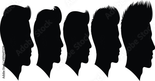Silhouettes of five young men's head profiles showcasing different popular modern pompadour and faded hairstyles, symbolizing fashion, grooming, male beauty, youth culture, and trending style.