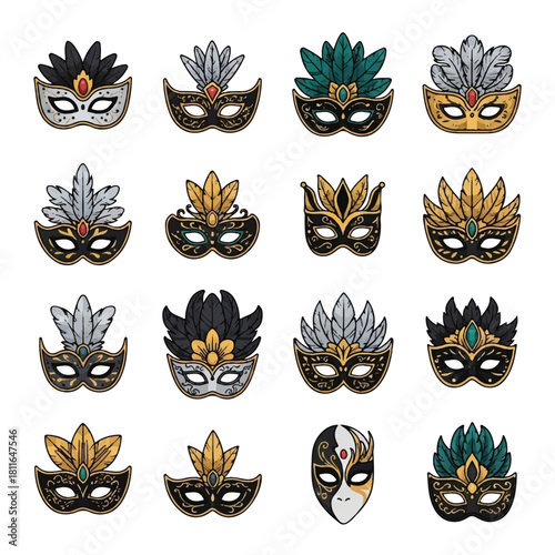 Collection of Decorative Carnival Masks with Feathers and Embellishments.