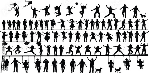 Set of diverse human silhouettes, including adults and children, engaging in playful and active leisure activities.