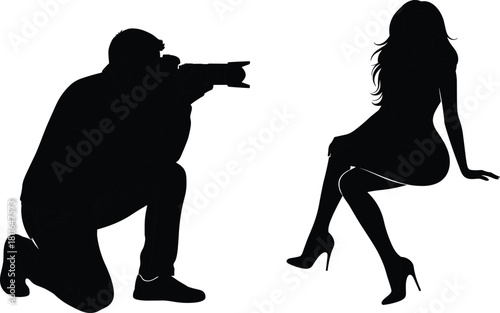 Silhouette of a professional photographer kneeling and shooting a beautiful female model posing confidently .