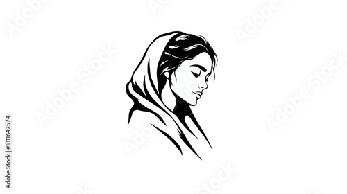 Elegant vector illustration of a thoughtful young woman wearing a headscarf in profile, minimalist black and white line art.
