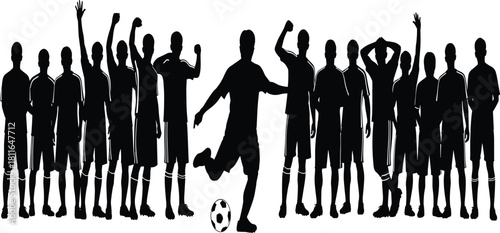 Silhouette of a large soccer or football team cheering wildly while one player strikes a ball, symbolizing competition, victory, team spirit.