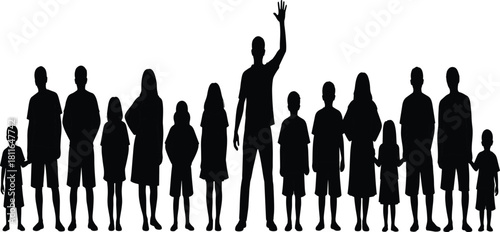 Silhouette of a large, diverse group of adults and children standing together, led by a man raising a hand, symbolizing family unity, community, mentorship, education, and collective well-being.