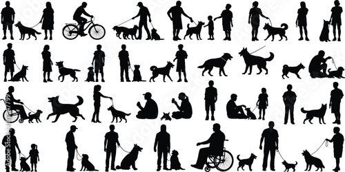 Silhouettes of diverse people, adults and children, interacting with and walking their dogs in various fun poses, symbolizing pet ownership, companionship, 