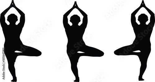 Silhouettes of three people performing the Vrikshasana or Tree Pose in yoga, symbolizing balance, concentration, tranquility, healthy lifestyle, meditation, physical fitness, and mind-body wellness.