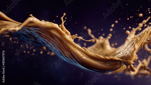 coffee-coloured gradient rich-textured bright liquid of coffee epic flowing and splash smoothly and epicly ,against deep black background 