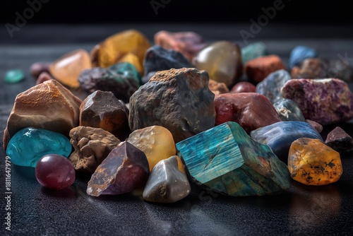 A lot of different colored rocks on a dark shiny surface. Good for science about the earth, making jewelry, or learning about rocks.