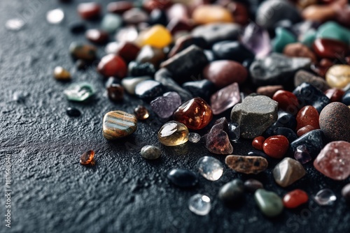 A lot of different colored rocks on a dark shiny surface. Good for science about the earth, making jewelry, or learning about rocks.
