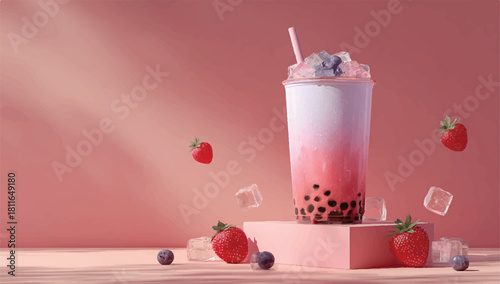 Strawberry Bubble Tea with Fresh Berries and Ice on Pink Background