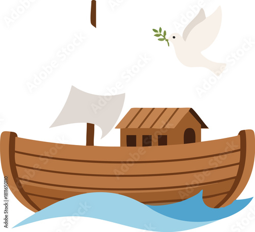 A white dove holding an olive branch flies over a wooden boat representing Noah's Ark on the water.