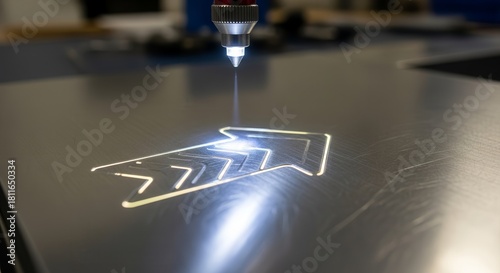 Precision Laser Engraving Creates Detailed Arrow Design on Metal Surface with Bright Illumination