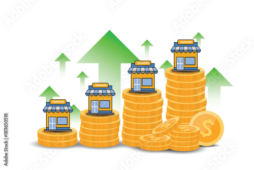 Franchise Business Growth Concept. Stores on Increasing Stacks of Gold Coins with Green Up Arrows.