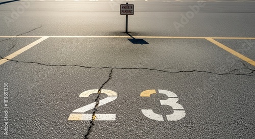 Private Parking Spot Twenty-Three Symbolized by Bold Numbers with Sign and Road Markings