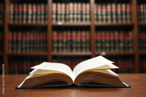 A serene scene in a grand courtroom: an open law book on a wooden desk, pages fluttering in a soft breeze