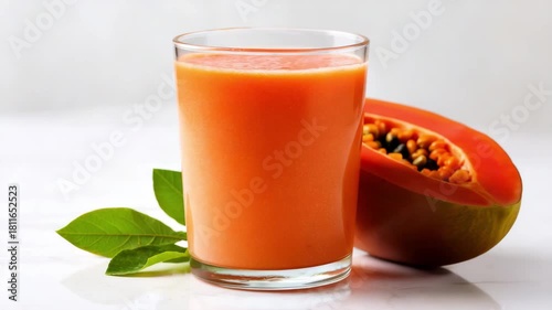 A glass of vibrant orange papaya smoothie rests beside a halved papaya and fresh green leaves