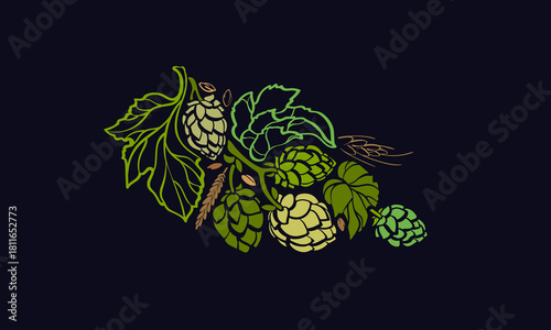 Green hop cone, barley ear Vintage beer art emblem