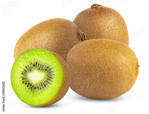 Ripe fresh kiwi fruit and half kiwi fruit isolated on white background. Kiwis fruits isolated with clipping path.
