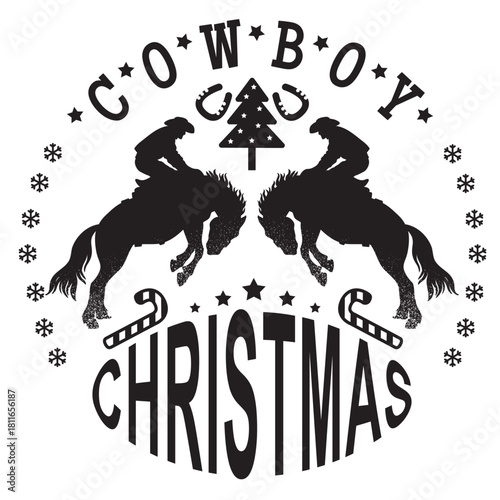 Cowboy Christmas vector symbol illustration with rodeo cowboys bucking wild horses black silhouette with Christmas tree and snowflakes decor isolated on white background