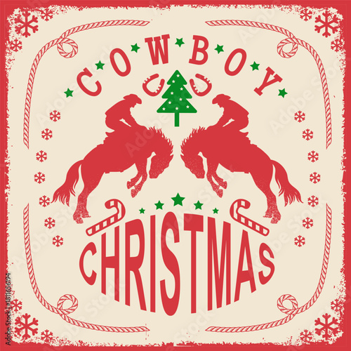 Cowboy Christmas vector symbol illustration with rodeo cowboys bucking wild horses silhouette with Christmas tree and snowflakes decor on old paper background.