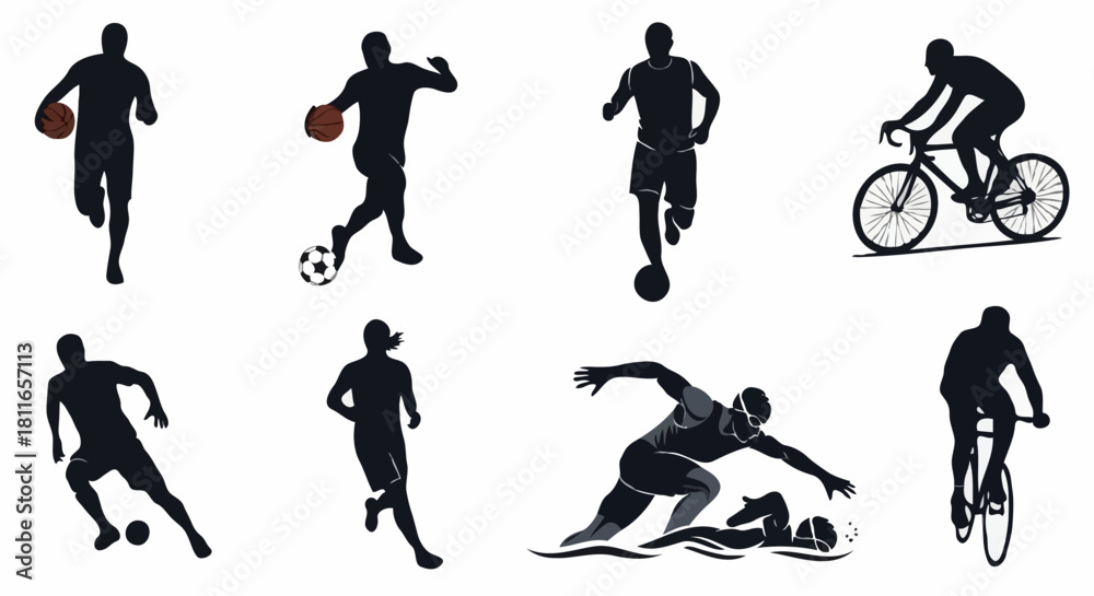 Obraz premium Sports silhouettes diverse athletes in action, representing basketball, soccer, running, cycling, and swimming