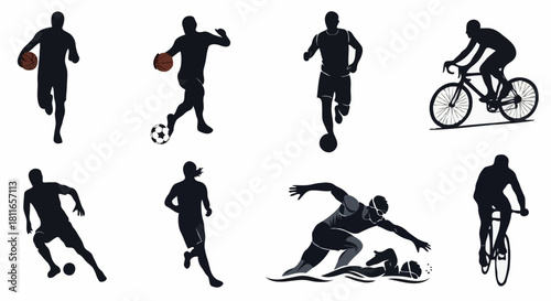 Sports silhouettes diverse athletes in action, representing basketball, soccer, running, cycling, and swimming