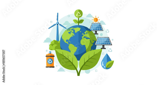 Global sustainability concept showcasing renewable energy, green technology, and eco-friendly practices for a healthier planet and a brighter future