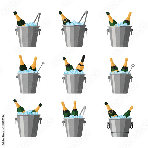 Collection of Champagne Bottles in Ice Buckets for Celebrations.