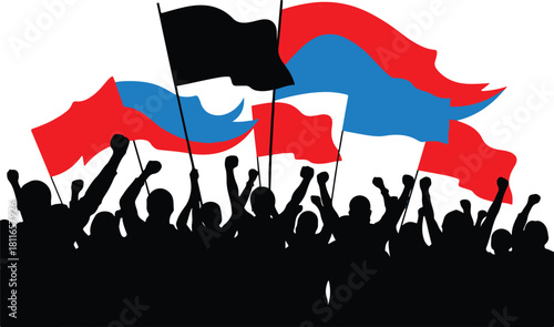 Crowd of protesters silhouettes with flags raised in powerful demonstration vector