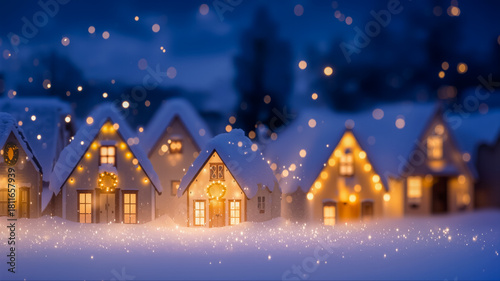 雪に覆われた家々と暖かい光が灯る幻想的な冬の夜の風景